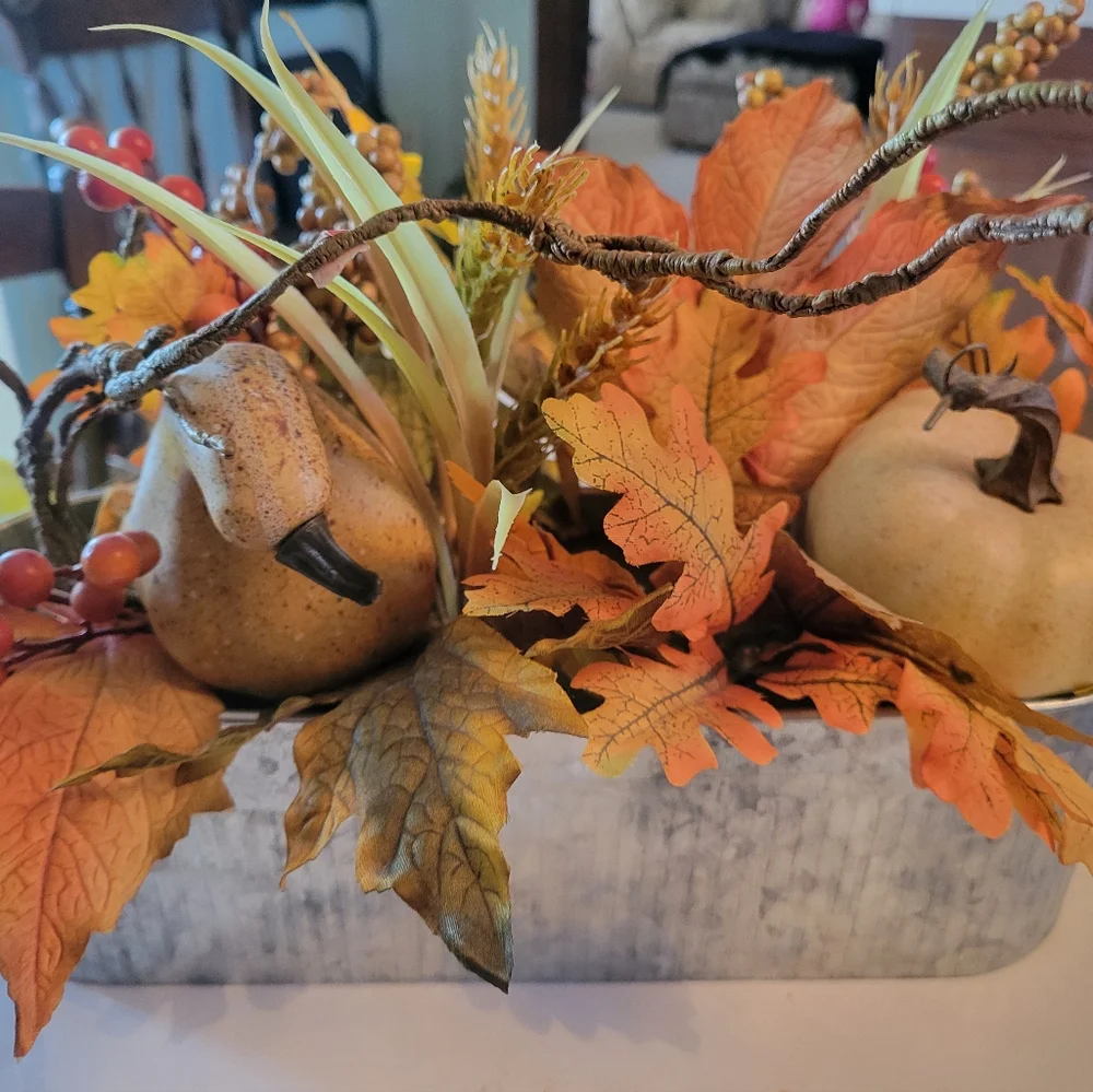 Autumn Harvest Centerpiece with Pumpkins and Leaves